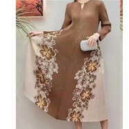 歐洲站褶皺連衣裙2025春季新款波點(diǎn)女裝休閑時(shí)尚寬松氣質(zhì)中長(cháng)款裙 卡其色 均碼 大碼