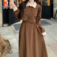 皮爾卡丹秋冬磨毛長(cháng)袖連衣裙大碼女裝胖mm高級感收腰赫本風(fēng)加厚長(cháng)裙子套裝 咖啡色 2XL 建議140-160斤