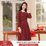 香影酒紅色連衣裙女2025秋季新款秋冬正式場合年會法式百褶襯衫裙 紅色 L