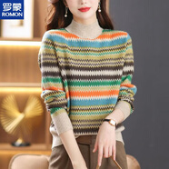 羅蒙（ROMON）2025新款針織衫女士秋冬加厚上衣撞色橫條紋毛衣大碼內搭打底衫衫 米色 S 【80-90斤】