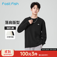 快魚純棉長袖t恤男2025新款秋季寬松圓領(lǐng)簡約薄款百搭休閑上衣男 黑色 M