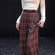 德瑪納【智趣格紋】秋季設計感抽繩松緊絲絨高腰直筒小個(gè)子女式休閑褲