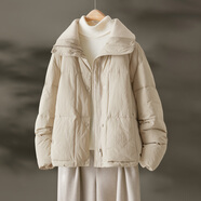 IHIMI海謐時(shí)髦拼接翻領(lǐng)保暖棉衣女冬季保暖松弛感棉服時(shí)尚短外套 淺卡其色 S 均碼