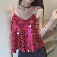 歐美百搭無(wú)袖上衣夜店蹦迪短款性感辣妹閃閃亮片吊帶背 玫紅色現貨 S
