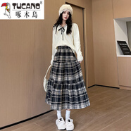 啄木鳥（TUCANO）毛呢格子裙女秋冬季2025新款復(fù)古a字顯瘦中長款蛋糕裙圣誕半身裙 藏青色 M 【95-110斤】