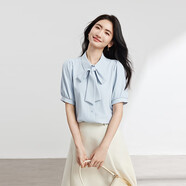伯德小姐藍色蝴蝶結襯衫女設計感系帶短袖上衣氣質(zhì)通勤職業(yè)白領(lǐng)襯衣