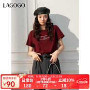 LAGOGO【蘭花系列】舒適正肩T恤女拉谷谷2025年春季新款印花短袖 酒紅色 S