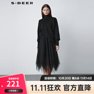 S.DEER圣迪奧女裝秋冬高領斜襟網(wǎng)紗拼接針織氣質連衣裙S221Z1234 黑色/91 XL 175