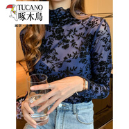 啄木鳥(niǎo)（TUCANO）半高領(lǐng)蕾絲打底衫女內搭秋裝網(wǎng)紗疊穿透視小衫植絨長(cháng)袖T恤上衣潮 藍色 L