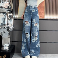 木清清印花破洞闊腿牛仔褲女2025年秋季新款薄款垂感寬松個(gè)性小眾直筒褲 藍色【九分】 XS