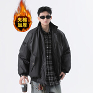 OEMG  美式咖色夾棉加厚皮衣外套男士秋冬季飛行夾克潮牌寬松棒球服 M2501黑色 【棉服款】 3XL [建議150-170斤]