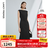 朗姿法式一字肩收腰抽褶設(shè)計(jì)感氣質(zhì)長裙夏裝新款女禮服連衣裙 黑色 2XL