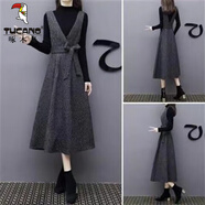 啄木鳥(niǎo)2025秋冬季長(cháng)款加厚背帶裙套裝修身洋氣連衣裙顯瘦時(shí)尚套裝裙女士 黑色上衣+連衣裙【套裝】 4XL 155-170斤