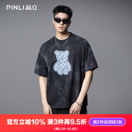 PINLI品立2025夏季新款小熊牛仔貼布燒花鉚釘圓領(lǐng)男士短袖T恤上衣 黑色 M (170)