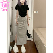 若盼高個(gè)子歐美ins辣妹開(kāi)叉工裝裙女灰色包臀裙子秋季長(cháng)裙顯瘦半身裙 灰咖色 M 建議95-110斤