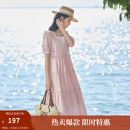 茵曼（INMAN）七七同款連衣裙2025夏女裝新款田園純棉提花方領(lǐng)A字泡泡袖蛋糕裙 皮粉色 L