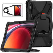 萬浮生適用于三星S10Fe平板保護(hù)套無磁標(biāo)簽S8Plus S7 S9Fe S10+ T510 T290 T225 A8 A9防摔硅膠全蓋 黑色＋橫豎穩(wěn)固支架＋肩帶 三星Tab A7 Lite (8.7