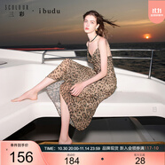 三彩2025夏季新款豹紋吊帶裙蕾絲花邊蕩領(lǐng)連衣裙長(zhǎng)裙女