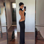 歐美風(fēng)小眾露背金屬蝴蝶無(wú)袖洋裝黑色半高領(lǐng)顯瘦包臀后開(kāi)叉長(cháng)裙 重量：約0點(diǎn)21kg S S