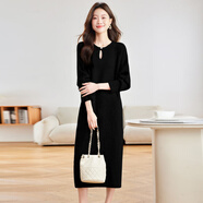 恒源祥（HYX）秋冬超長(cháng)款過(guò)膝毛衣裙女100%純羊毛針織連衣裙慵懶寬松外套保暖 黑色 L 建議110-120斤