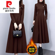 皮爾卡丹（pierre cardin）加絨加厚連衣裙女秋冬季新款媽媽收腰顯瘦感氣質(zhì)紅色打底裙子針織 咖啡色【歐美裙子/2024年新款/感/高端精致 M 【建議90-105斤】