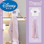 迪士尼（Disney）新品時尚大口袋杰米熊夏季女童套裝中大童T恤防蚊褲工裝褲短袖夏 粉紫色 短袖+工裝褲 140