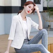 簡丹柔搭配裙子的亞麻小西裝外套女2025春夏小三分之袖棉麻小上衣 白色 S 建議75-85斤