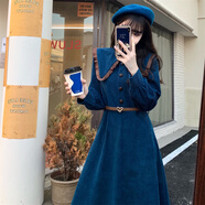 馨悠潔領(lǐng)襯衫袖燈芯絨裙秋冬大碼微胖襯衫袖裙顯瘦氣質(zhì)加厚打底裙 藍色 M 建議105斤內