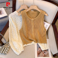 皮爾卡丹（pierre cardin）森系復古蕾絲泡泡袖雪紡衫女秋法式小眾鏤空針織毛衣背心疊穿套裝 【套裝】杏色襯衫+咖色馬甲 XL 【建議111-125斤】
