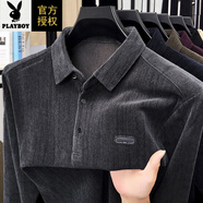 花花公子長(cháng)袖t恤男士翻領(lǐng)秋冬季休閑寬松中年爸爸裝燈芯絨打底衫上衣 灰色 加絨 S 165