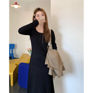 JPUZ針織連衣裙女2025秋冬韓版氣質(zhì)收腰過(guò)膝長(cháng)裙內搭配大衣的打底裙子 黑色 S