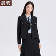 晨芙休閑小個(gè)子西裝外套女秋冬職業(yè)裝短款西服套裝女士大學(xué)生面試正裝 黑色西裝+半身裙+藍色襯衫 3XL 建議130-140斤