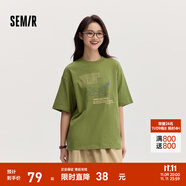 Semir[商場(chǎng)同款]史努比系列短袖T恤女中長(zhǎng)款印花2024新款純棉秋裝 橄欖綠40894 S