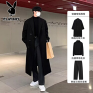 花花公子（PLAYBOY）羊毛外衣男子的冬季單排扣中長(cháng)度風(fēng)衣集與男子的秋季和冬季男子的 三件套黑色大衣+毛衣+西裝褲 S