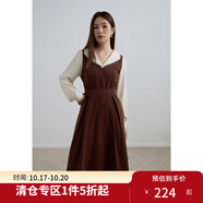 獨束大碼女裝撞色甜美娃娃領連衣裙冬裝新款氣質(zhì)復古風中長款裙子 茶褐色 2XL