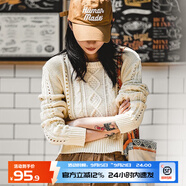 馬登女裝 復(fù)古圓領(lǐng)鏤空麻花菱格毛衣短款套頭米白色絞花針織衫 白米色 馬登工裝 S