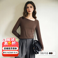 Olrain歐芮兒灰色長(zhǎng)袖T恤女裝秋季通勤斜肩設(shè)計(jì)感打底衫上衣 摩卡色 L