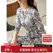 尚都比拉新中式國(guó)風(fēng)連衣裙夏裝青花瓷印花氣質(zhì)收腰顯瘦裙子 白底藍(lán)花 L