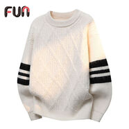 Fun新款男款毛衣秋冬季針織衫男士打底圓領(lǐng)休閑寬松加厚保暖上衣S 88061-Off-white/米白- M   建議【95-115斤】