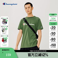Champion夏季經(jīng)典款印花草寫(xiě)LOGO圓領(lǐng)休閑運動(dòng)T恤無(wú)性別冠軍短袖男女情侶 深綠色(偏?。?M