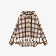 Basic House/百家好撞色格子外套秋季休閑連帽抽繩單排扣長(cháng)袖上衣 卡其色 M 120-130斤