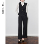 FEMLY 輕奢手工釘珠立體花馬甲上衣+闊腿褲2512609 黑色 XL