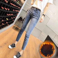 以純（YISHion）小腳牛仔褲女秋冬2025小個(gè)子八分褲女士九分緊身鉛筆褲打底褲薄絨 淺藍色八分加絨 加厚 27 97-104斤