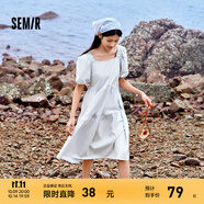 森馬連衣裙女溫柔系木耳邊方領(lǐng)24夏季泡泡袖娃娃裙甜美可愛 冰藍80900 L