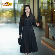 初徑大碼女裝胖mm高端連衣裙秋裝新款氣質(zhì)復古過(guò)膝牛仔裙子 黑色 XL 建議碼數120-140斤