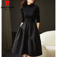 皮爾卡丹（pierre cardin）2026年秋冬新款肌理料拼針織秋冬長(cháng)袖小黑裙顯瘦洋毛蓬蓬裙連衣裙 黑色長(cháng).袖 M