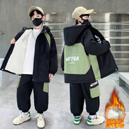 G.duck品牌童裝男童秋裝套裝春秋款兒童外套5-14歲男孩秋季兩件套中大童 MYSL-8868加絨加厚保暖冬裝 軍綠色 加絨 170
