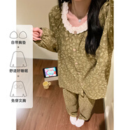 蕉（蕉內）碎花睡衣女春秋款帶胸墊新中式復古風感長袖長褲秋冬季家居服 T220 翠蔓輕吟 固定胸墊 2XL