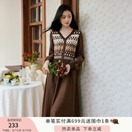 香影紅色波西米亞連衣裙女2025秋季新款v領(lǐng)花邊復(fù)古針織拼接裙子 咖色 L 165/88A/110-125斤
