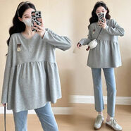 孕婦秋裝新款休閑連衣裙長(cháng)袖衣寬松顯瘦中長(cháng)款卡通娃娃衫韓版T恤 灰色裙【單件裙】 M碼 建議體重80-100斤